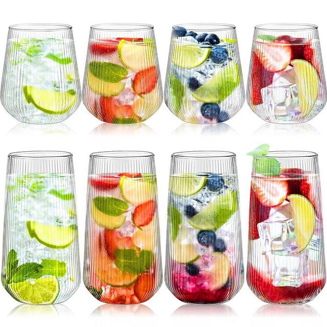 Nuogo 8 Pieces Ribbed Glasses Unbreakable Stemless Wine Glasses Ridged Drinking Bar Glassware Fluted Glasses Outdoor Wine Glasses Dishwasher Safe for Whiskey Water Juice Milk, 14 oz and 17 oz