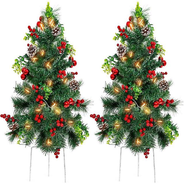 Best Choice Products Set of 2 24.5in Outdoor Battery Operated Pre-Lit Pathway Christmas Trees Holiday Décor for Driveway, Yard, Garden w/LED Lights, Red Berries, Frosted Pine Cones, Red Ornaments
