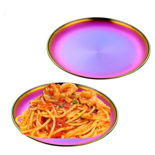 QIBOORUN Round Pizza Baking Pan Sets,Reusable Brushed Metal Dinner Plates-Vintage Quality Stainless Steel Kitchenware Round Metal 9 Inch Plates Use for BBQ Steak, Set of Two-Rainbow Color