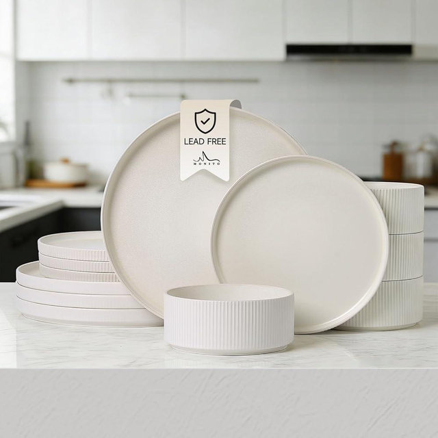 MONITO Ceramic Dinnerware Sets for 4, 12PCS Stoneware Plates and Bowls Sets, Reactive Glaze Dish Set, Chip and Scratch Resistant Double, Microwave and Dishwasher Safe, Matte White