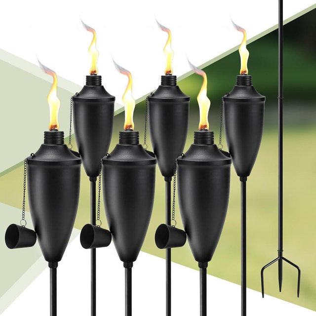 FALBAWR 6 Pack Garden Torches for Outside， 22 oz Metal Citronella Torch with 3-Prong Grounded Stake, Perfect for Patio, Lawn, and Backyard Décor