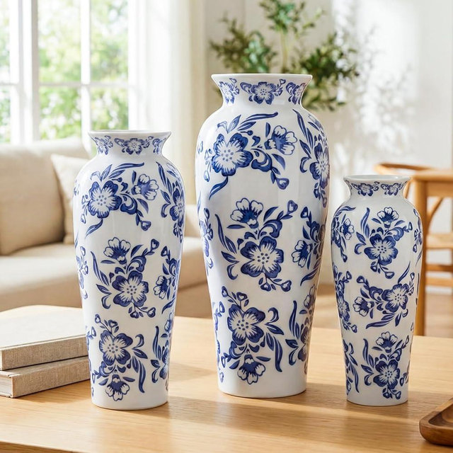 LemonRoad 3 Pack Chinoiserie Vases Porcelain Blue and White Vases for Flowers Pottery Chinoiserie Ceramic Vase for Living Room Mother's Day Decor Table Centerpiece, 6.7", 8.3", 10"(Lotus)