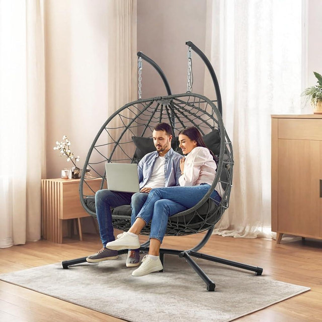 Anranni Double Egg Swing Chair with Stand, 2 Person Outdoor Indoor Hammock Hanging Chair with Cushion,Patio Wicker Hanging Egg Chair w/Cushion 700LBS Capacity for Bedroom, Balcony, Garden