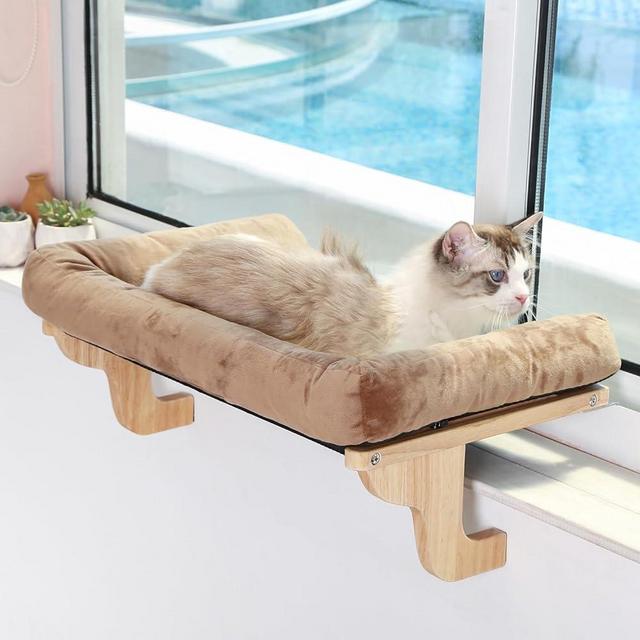Zakkart Cat Perch for Window Sill with Bolster - Orthopedic Hammock Design with Premium Hardwood & Robust Metal Frame - Cat Window Seat for Large Cats and Kittens - Nartural Color Wood with Brown Bed