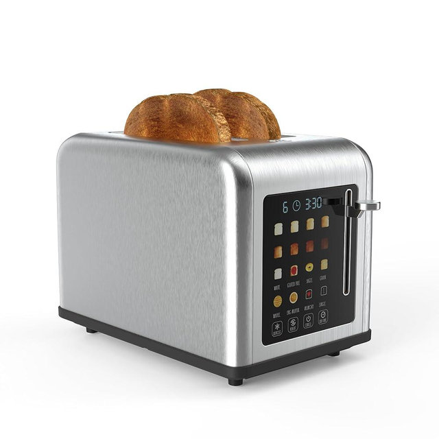 Rae Dunn 2 Slice Smart Toaster, Digital Display, Wide Slots, 8 Browning Levels, 6 Bread Types, 4 Functions (Defrost, Reheat, Cancel, Add Time), 825W Stainless Steel