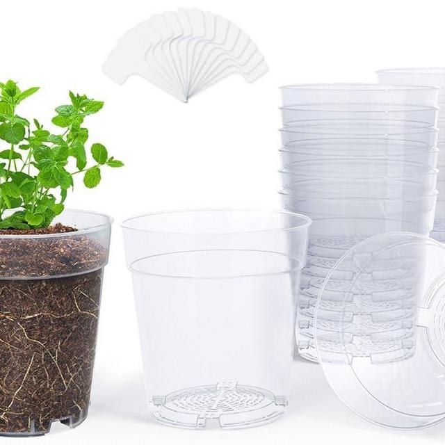 homenote Clear Nursery Pots for Plants,6.7 Inch Plant Pot for Planting Plastic Seedling with Drainage Holes Seed Starter Flower High Transparency with 20 Labels (15 Pack)