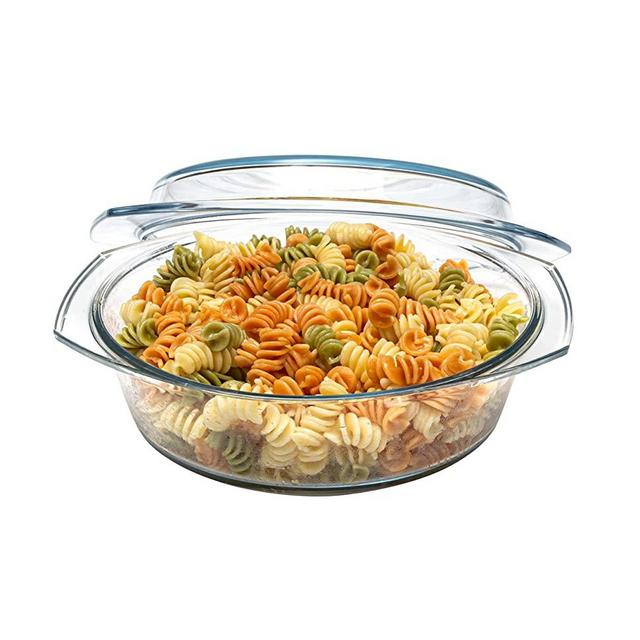 Simax Round Glass Casserole Dish, Clear Glass Round Casserole Dish with Lid and Handles, Covered Bowl for Cooking, Baking, Serving, Microwave, Dishwasher, and Oven Safe Cookware, 2 Quart Casserole
