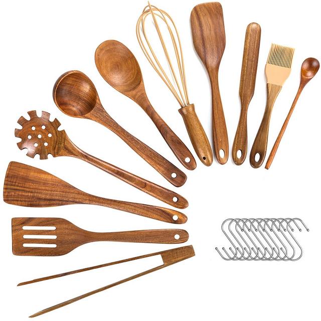 Wooden Kitchen Utensil Set,11 Pcs Wooden Spoons for Cooking, Teak Wooden Utensils Set, Wood Kitchen Utensils For Nonstick Pan, Wood Spatula Spoon Nonstick Kitchen Utensil Set (11)