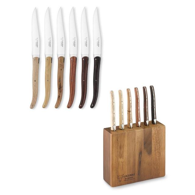 Laguiole en Aubrac 6-Piece Mixed Wood Steak Knives, Acacia Block