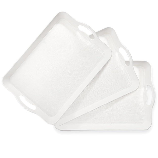 Cedilis 3 Pack Serving Trays with Handles, 16 x 11IN Food Serving Tray, Rectangular Plastic Stackable Tray for Restaurant, Parties, Coffee Table, Kitchen (White)