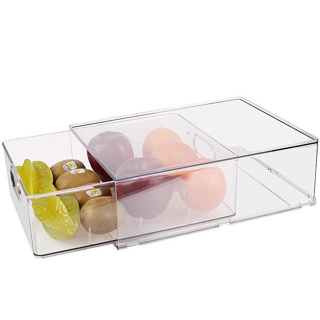 Refrigerator Organizer Bins with Pull-out Drawer, Large Stackable Fridge Drawer Organizer Set with Handle, BPA-free Drawable Clear Storage Cases for Freezer, Cabinet, Kitchen, Pantry Organization