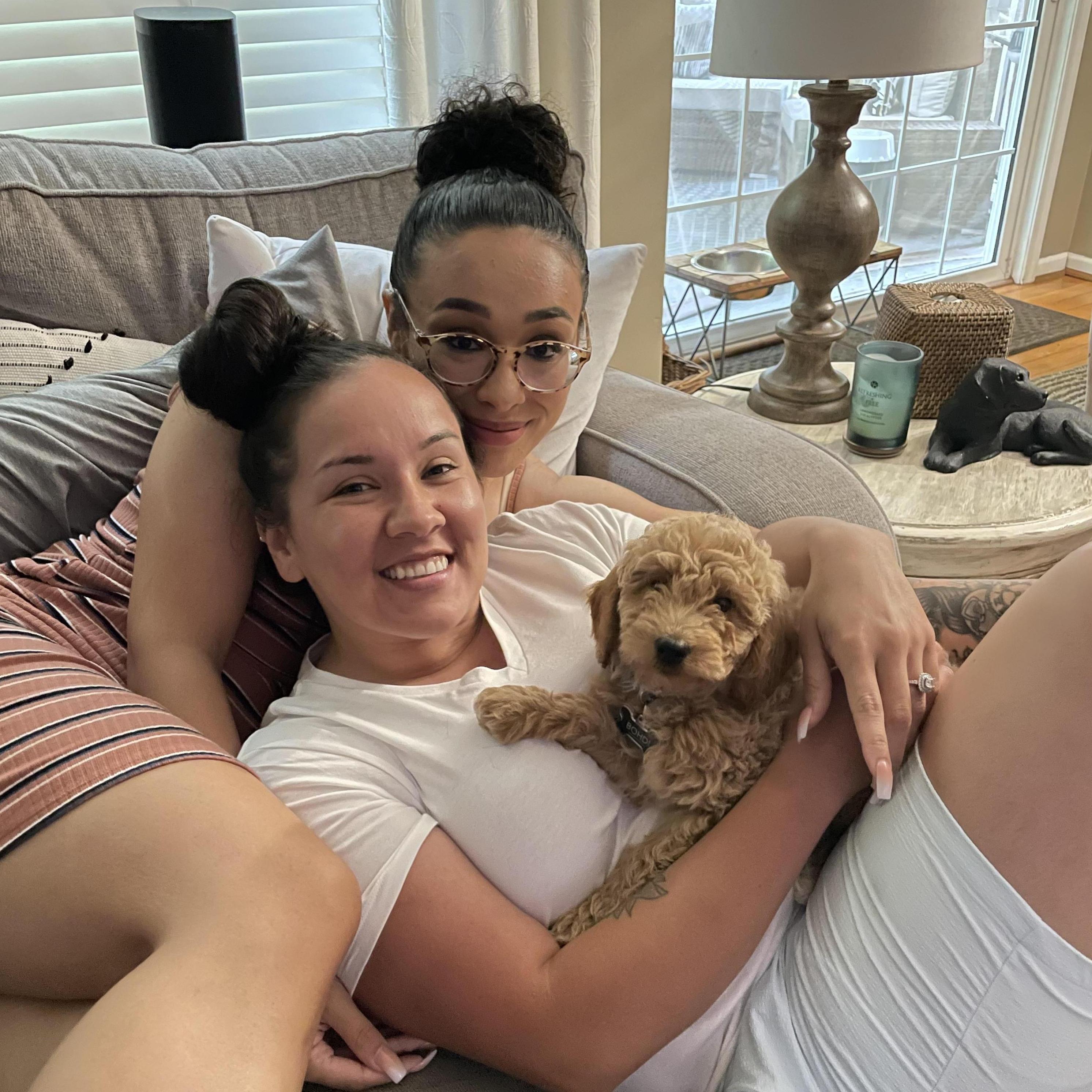 Our first family photo with our Mini Goldendoodle, Bohdi!