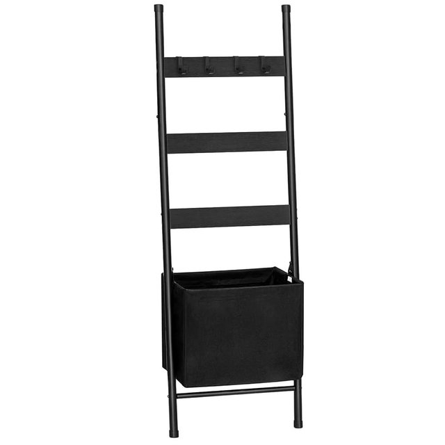 HOOBRO Blanket Ladder with Basket, 17.3”L x 63.4”H, Towel Rack with Hooks, Blanket Holder Rack, Decorative Ladder Shelf, Drying and Display Rack for Bathroom, Living Room, Black BB31CJ01