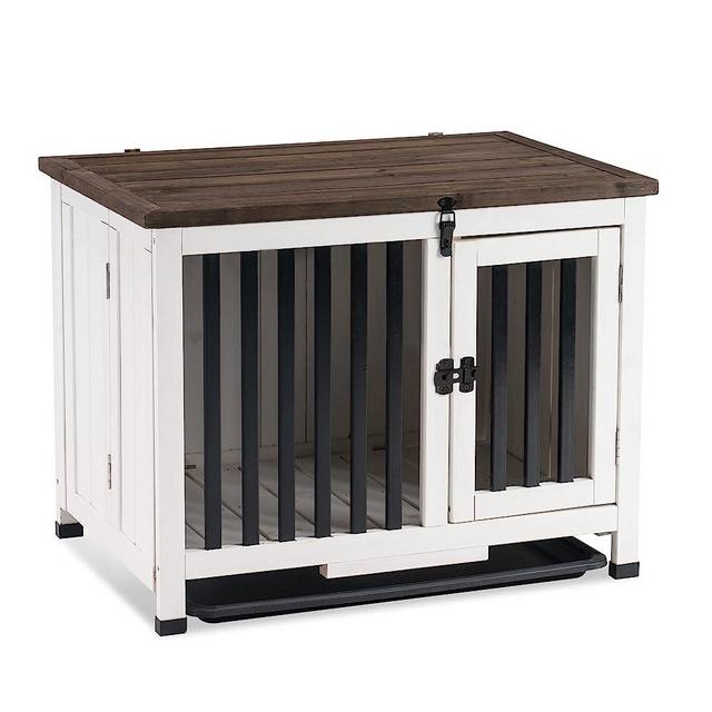 MCombo Wooden Dog Crate Furniture End Table with Door, No Assembly Portable Foldable Pet Crate Dog Kennel Indoor with Removable Tray 1256 (Small, White)