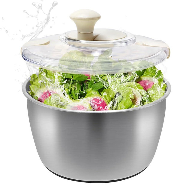 Stainless Steel Salad Spinner，lettuce spinner With lid, basin, drain frame and non-slip base,Manual lettuce dryer with Quick Spin,Spaghetti & Chip Strainer BPA Free,Easy Clean,5qt