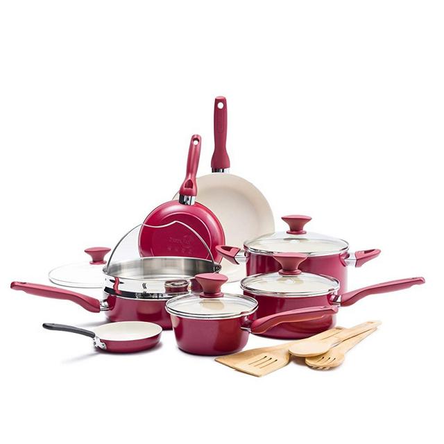 GreenPan Rio Healthy Ceramic Nonstick, Cookware Pots and Pans Set, 16-Piece, Red