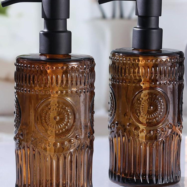 Simeitol 17 OZ Amber Glass Soap Dispenser with Black Stainless Steel Pump, Sunflower Embossed Glass Soap and Lotion Dispenser Set, Liquid Hand Soap Dispenser for Kitchen & Bathroom (2 Pack)