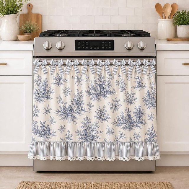 Oven Skirt Curtain for Farmhouse Kitchen Decor, Stove Cover Skirt with Lace Ruffle Trim & 8 Ribbon Ties, Rustic Decorative Oven Door Curtain for Cottage Kitchen, Dishwasher & Range (Porcelain Blue)