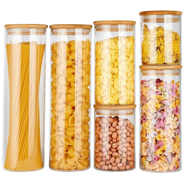copdrel Glass Food Storage Jars Containers, Glass Storage Jar with Airtight Bamboo Lids Kitchen Glass Canisters For Coffee, Flour, Sugar, Candy, Cookie, Spice and More Set of 6