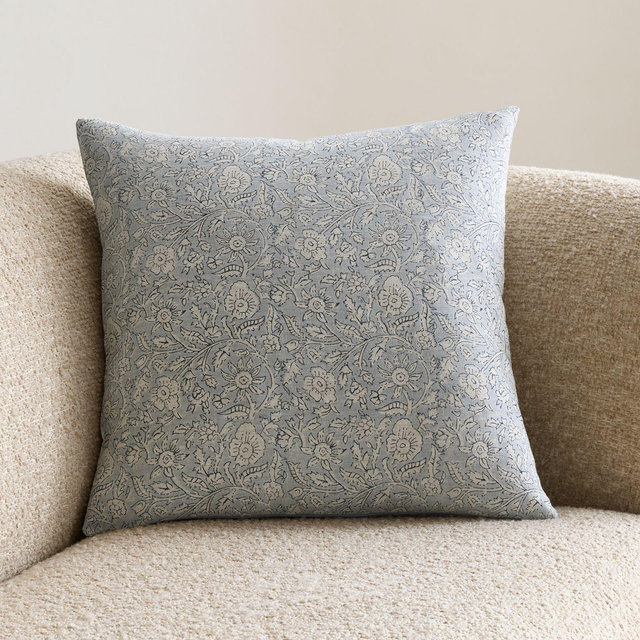 Whitney Linen 20"x20" Pale Blue Floral Hand Printed Throw Pillow with Feather Insert