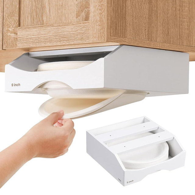 9-inch Paper Plate Dispenser Under Cabinet, Bamboo Paper Plate Holders, Kitchen Counter Vertical Plate Dispensers Holders Countertop Caddy(For 9-inch Plates, White)