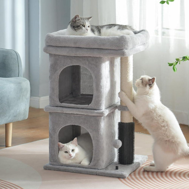 Pawfessor Cat Tree with Large Top Bed 17.7x15.7” Small Cat Tower with Dual Condos,28” Fully Scratching Post and Self Groomer for Indoor Cats-Grey