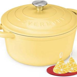 Overmont Enameled Cast Iron Dutch Oven - 5.5QT Pot with Lid Cookbook & Cotton Potholders - Heavy-Duty Cookware for Braising, Stews, Roasting, Bread Baking Goose Yellow