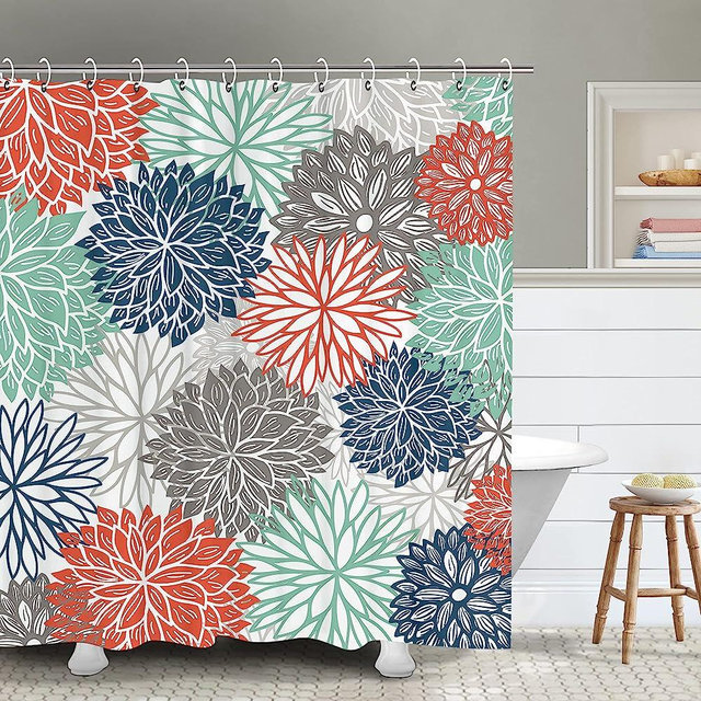 RosieLily Floral Shower Curtain Dahlia Shower Curtains Set with 12 Hooks Flower Shower Curtain Teal and Gray Blue Green Shower Curtain Turquoise Mandala Floral Bathroom Decor, 72" W x 72" H