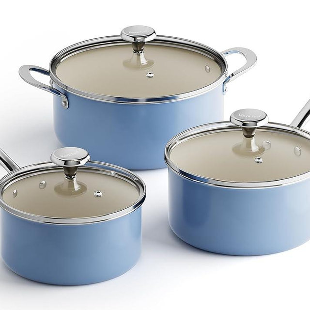 Redchef Non-stick Stock Pots Set 5QT, Sauce Pan with Lids(2.5QT, 3.5QT) Multifunctiona Kitchen Cookware Sets, Non Toxic with Stay Cool Handle, PTFE & PFAS & PFOA Free, Dishwasher/Oven Safe (Blue)