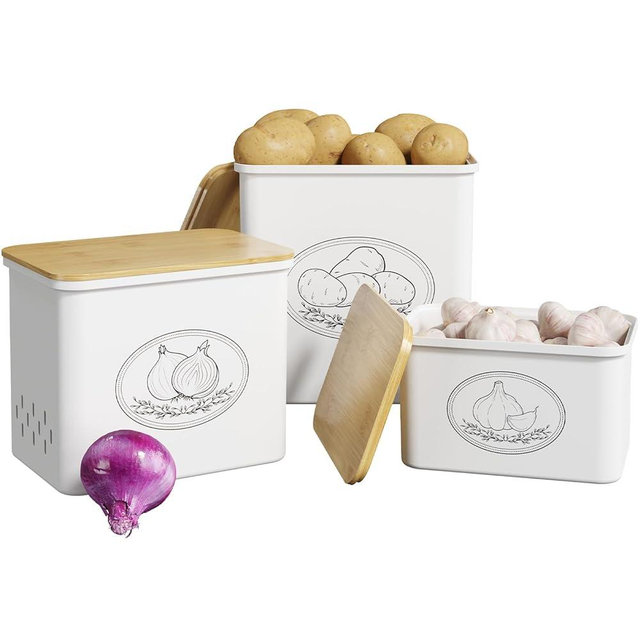 Lifewit Potato Onion and Garlic Storage Bin, Stackable Vegetable Storage Tins with Aerating Holes and Lid, Plastic Canister Keeper for Pantry Kitchen Countertop, Set of 3, 10L, White