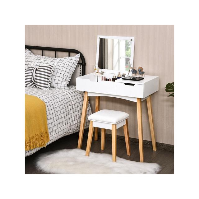 Costway Vanity Makeup Table Cushioned Stool Set W/Flip Top Mirror &1 Drawer Writing Desk