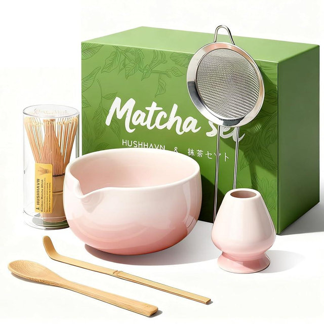 HUSHHAVN Matcha Whisk Set, Ceramic Matcha Set Includes Bowl & Holder, Bamboo Whisk (Chasen), Scoop, Spoon and Sifter, 6PCS Matcha Kit Covers Everything Needed for Making Matcha (Pink)