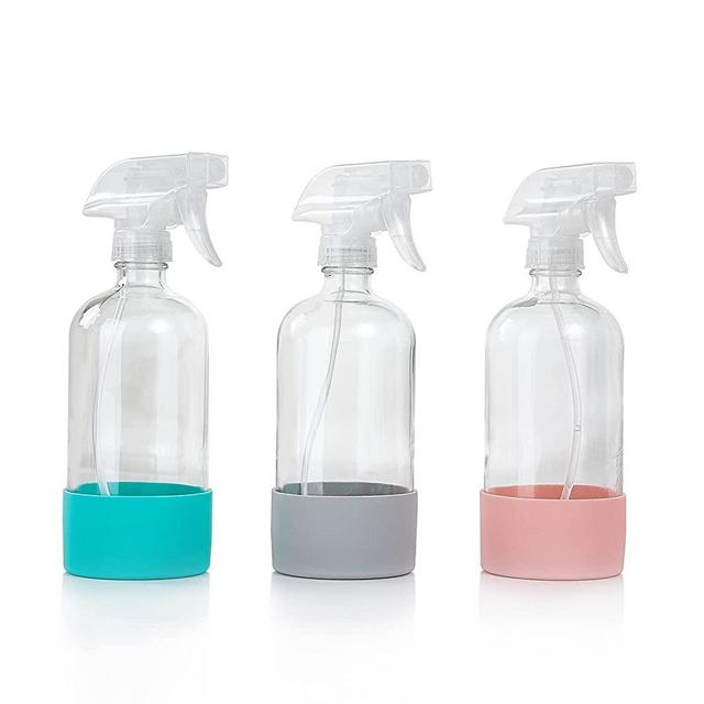 HOMBYS Empty Clear Glass Spray Bottles with Silicone Sleeve Protection - Refillable 17 oz Containers for Cleaning Solutions, Essential Oils, Misting Plants - Quality Sprayer - 3 Pack