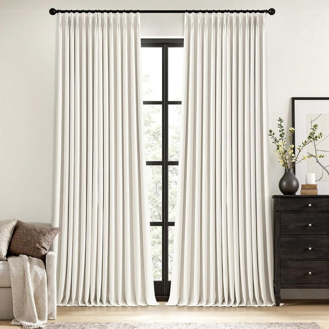 MIULEE Beige White Pinch Pleated 100% Blackout Linen Curtains for Bedroom, Room Darkening Memory Trained Window Curtains 96 inches Long for Living Room, Black Out Pleat Drapes, 2 Panels