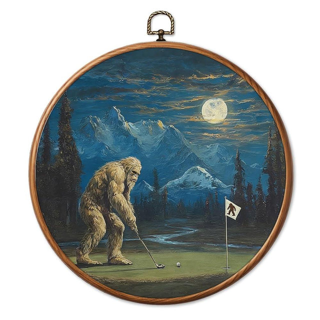 Chicimln Bigfoot Golf Golfing Round Wall Art Framed Canvas Prints, Whimsical Mountain Forest Sasquatch Golfer Circle Wall Hanging Decor for Home Living Room Office 10x10 Inch