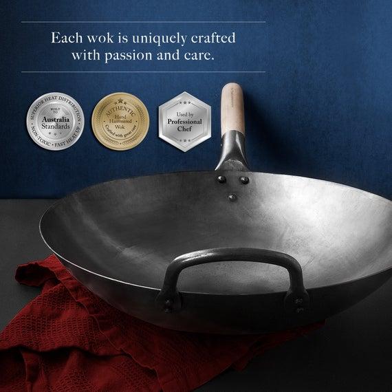 Authentic Carbon Steel Hand Hammered Pow Wok, 14" Traditional Round Bottom Wok With Helper Handle