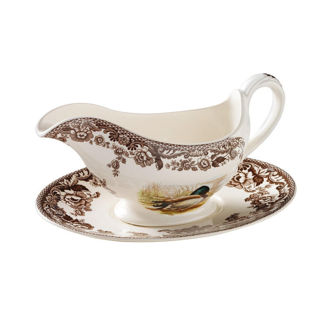 Spode "Woodland" Turkey Gravy Boat & Stand
