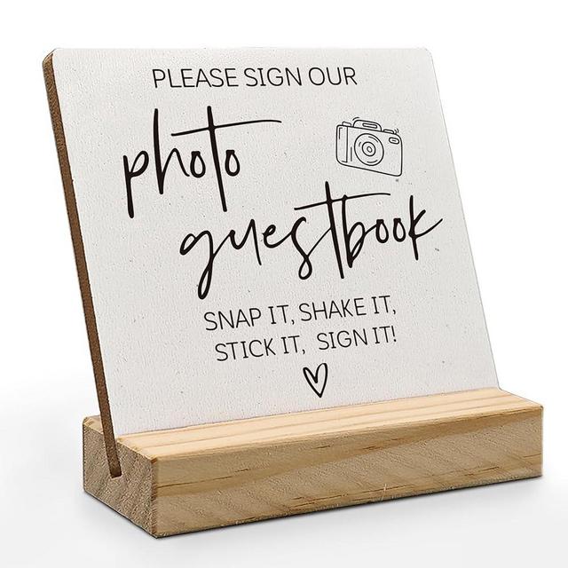 ANIANG Photo Guest Book Sign, Wedding Guest Book Desk Decor, Guest Book Wedding Reception Wood Plaque, Please Sign Our Guestbook Sign Wooden Plaque with Wood Stand for Wedding Table Decor Signs