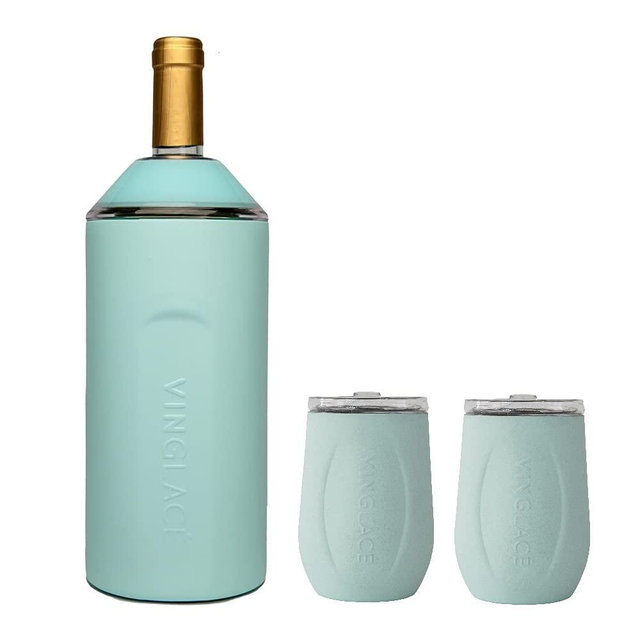 Vinglacé Gift Set - Wine Chiller with 2 Stemless Wine Tumblers - Unique Gift Ideas for Wine and Champagne Lovers (Sea Glass)