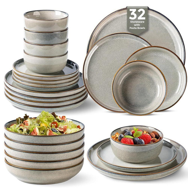 GBHOME 32 Pieces Double Bowls Ceramic Dinnerware Sets for 8, Stoneware Plates and Bowls Set with Reactive Glaze, Scratch Resistant Stoneware Dishes Set, Dishwasher & Microwave Safe
