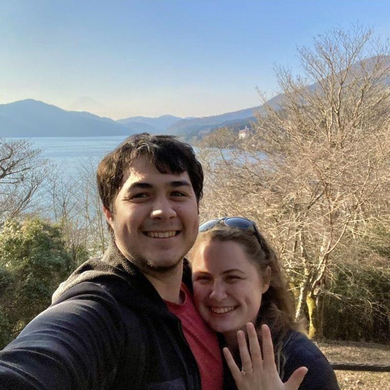 Ben popped the question at Lake Ashi in Hakone, Japan! Mary knew something was up when he was smiling the whole climb up the mountain!