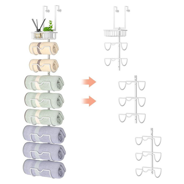 X-cosrack Adjustable Hooks 9-Tier Over The Door Towel Rack, Wall Mounted Metal Towel Holder, Hanging Rolled Towel Organizer for Bathroom Storage Organizer-White