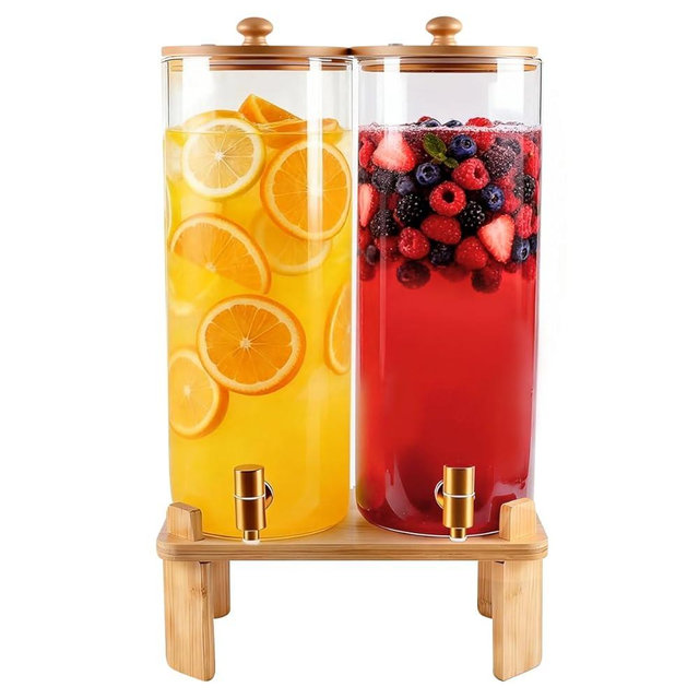 2 Gallon 2 Pack large Glass Drink dispenser for parties,Beverage Dispenser With Wood Stand,Water Dispensers with spigot,lemonade dispenser,juice containers & water pitcher with lid