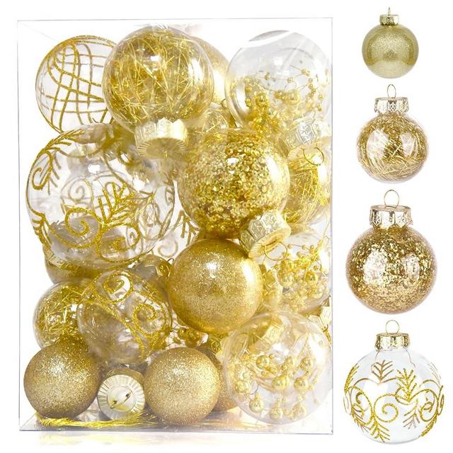 30Pcs Christmas Ball Ornaments Set - Shatterproof Plastic Christmas Tree Decorations 7 Style Christmas Decorative Hanging Ornaments Xmas Decorative Hanging Ball Ornaments for Holiday (Golden)