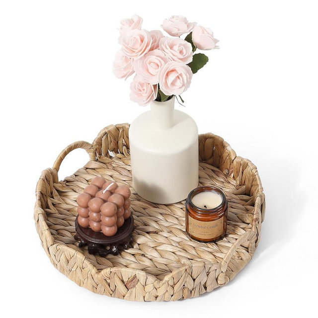 JCUKHA Scalloped Round Serving Tray, 13 inch Decorative Water Hyacinth Basket Tray, Round Wicker Ottoman Trays for Coffee Table with Built-in Handles for Kitchen and Living Room