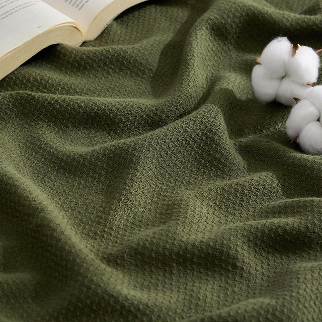 Bedsure GentleSoft 100% Cotton Blanket Twin XL Size for Bed - Breathable and Lightweight, Soft Cozy Textured Herringbone Woven Summer Blanket for College Dorm, Olive Green, 66x90 inches