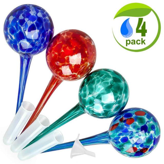 Improved Adjustable Large Self Watering Spikes for Plants. Indoor Outdoor Decorative Garden Irrigation System Aqua Glass Watering Globes Bulbs Stakes with a Plastic Tube for No More Mess(4 Pack)