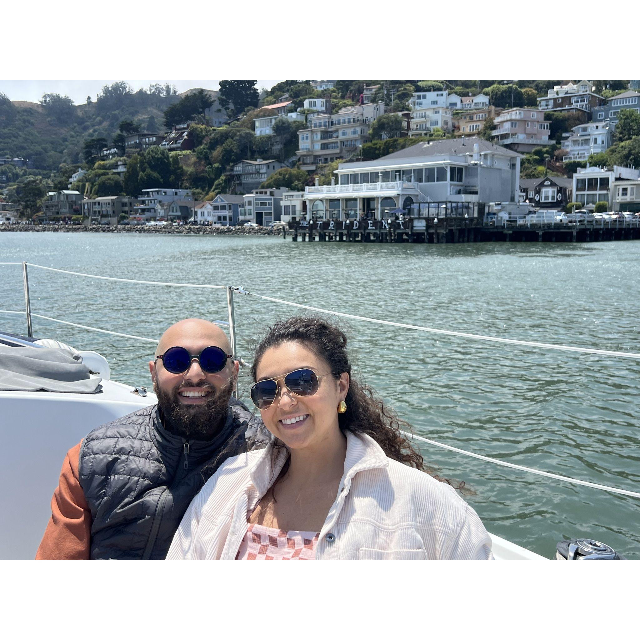 Just after getting engaged, proposal right in front of the Trident in Sausalito
