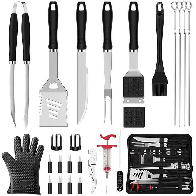 ROMANTICIST 26pcs Grilling Accessories Kit for Men Women, Stainless Steel Heavy Duty BBQ Tools with Glove and Corkscrew, Grill Utensils Set in Portable Canvas Bag for Outdoor,Camping,Backyard,Black
