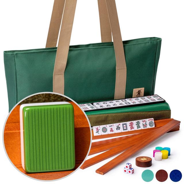 American Mahjong Set, "Huntington" with Mineral Green Soft Case - All-in-One Racks with Pushers, Dice, Wind Indicator & Wright Patterson Scoring Coins